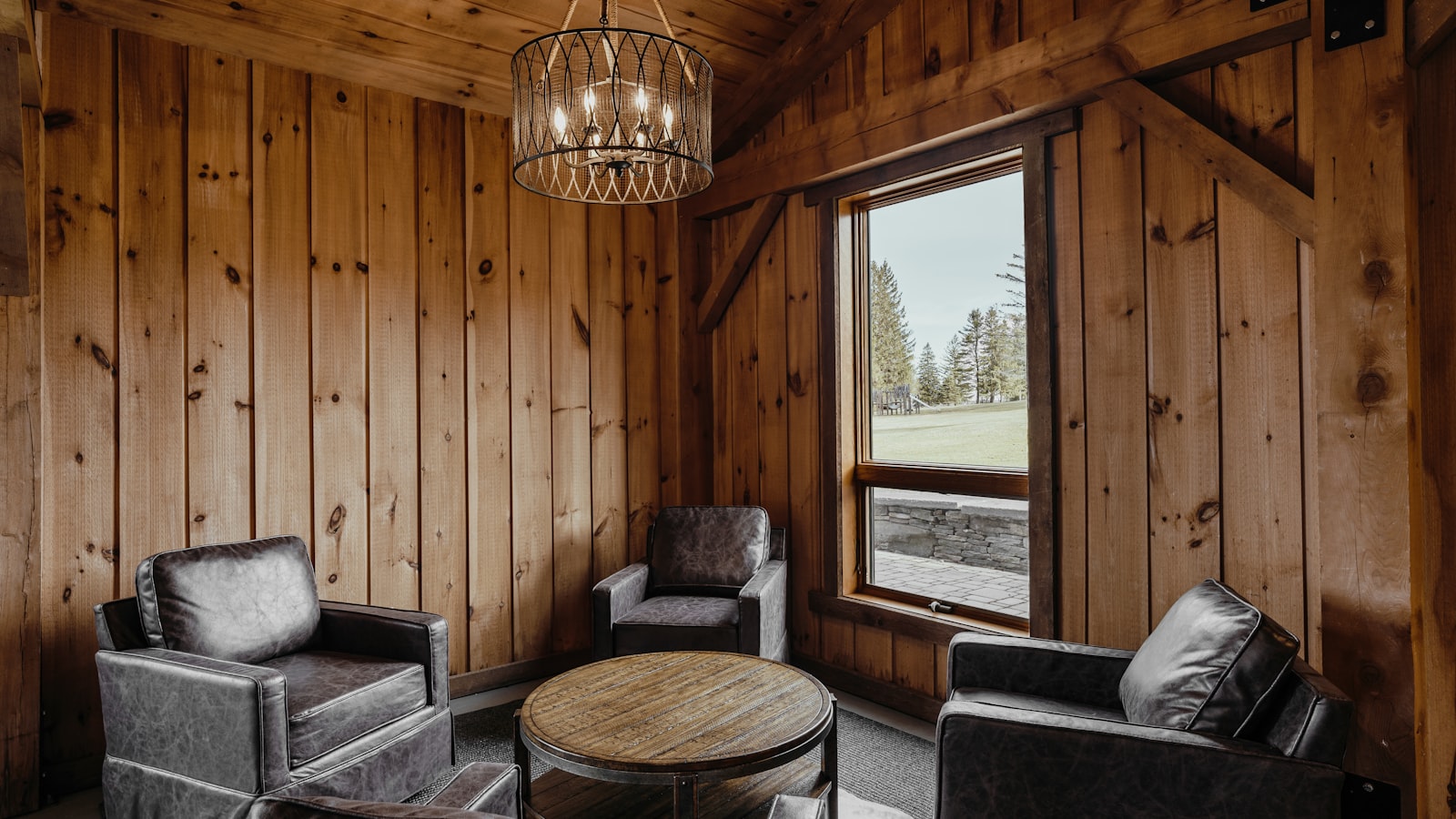Timber-lined living room with large windows facing woodland