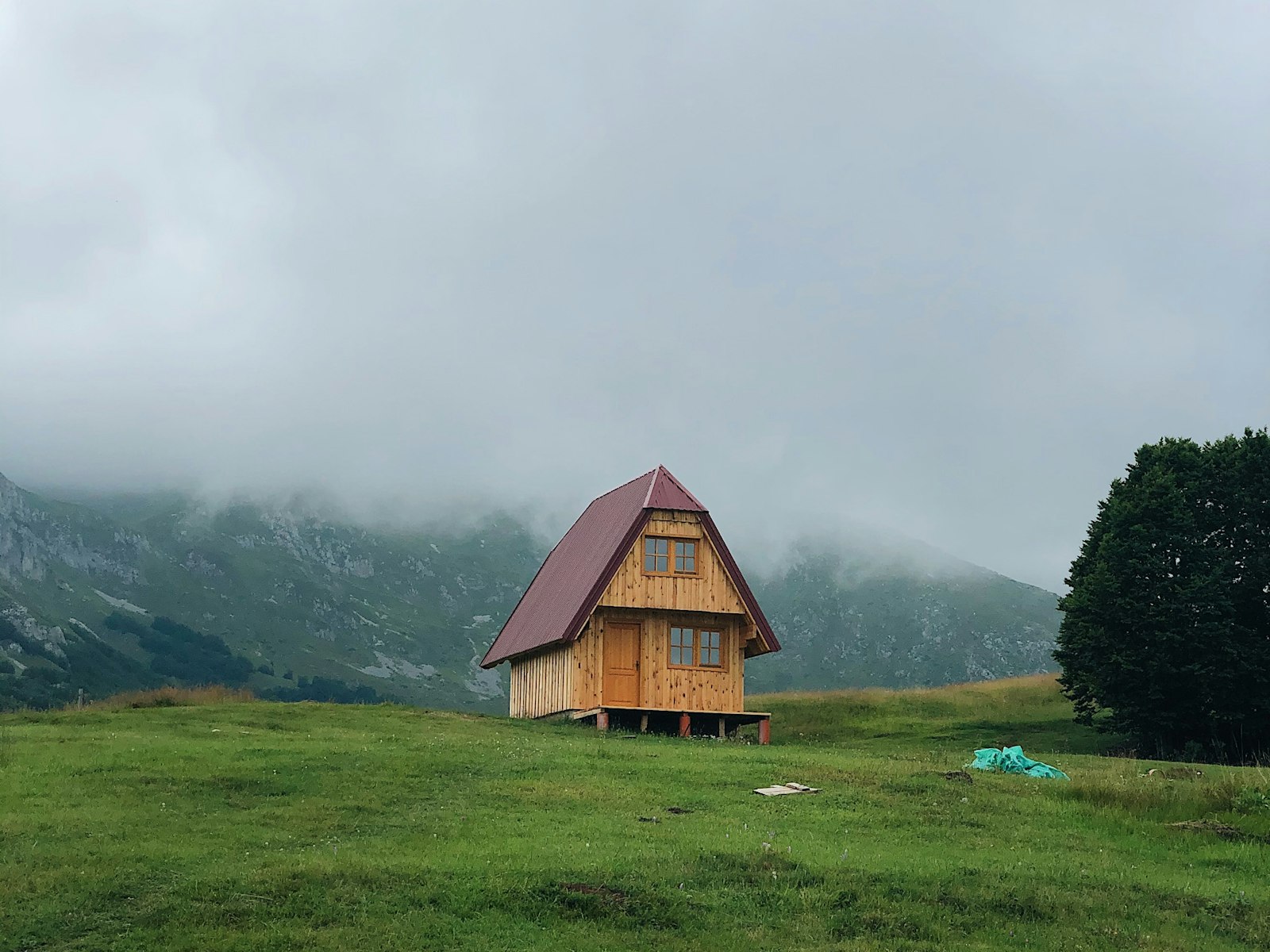 Alpska — compact gabled timber house standing alone on an alpine meadow