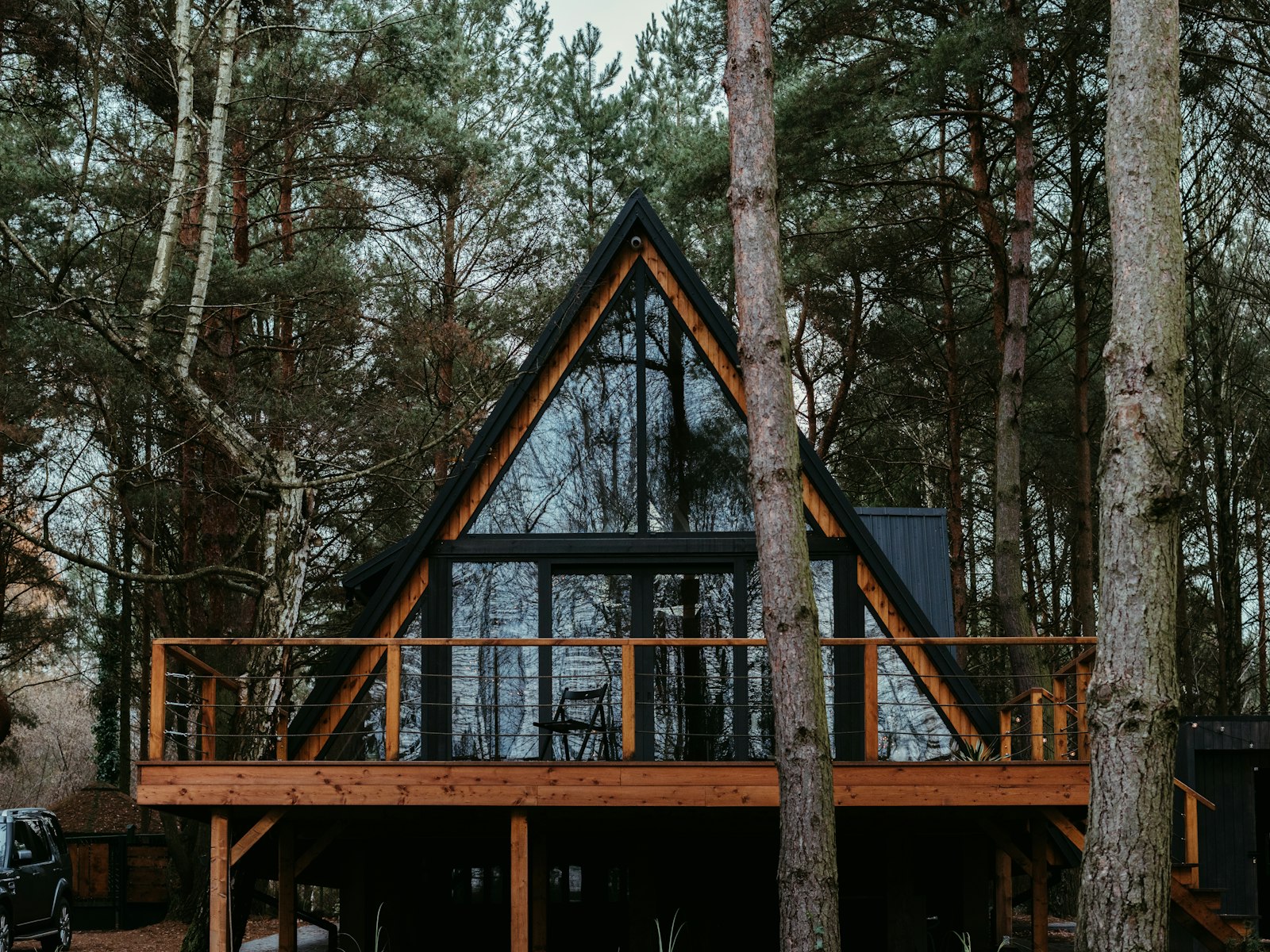 Sava — A-frame timber house with full-height glazing in a pine forest
